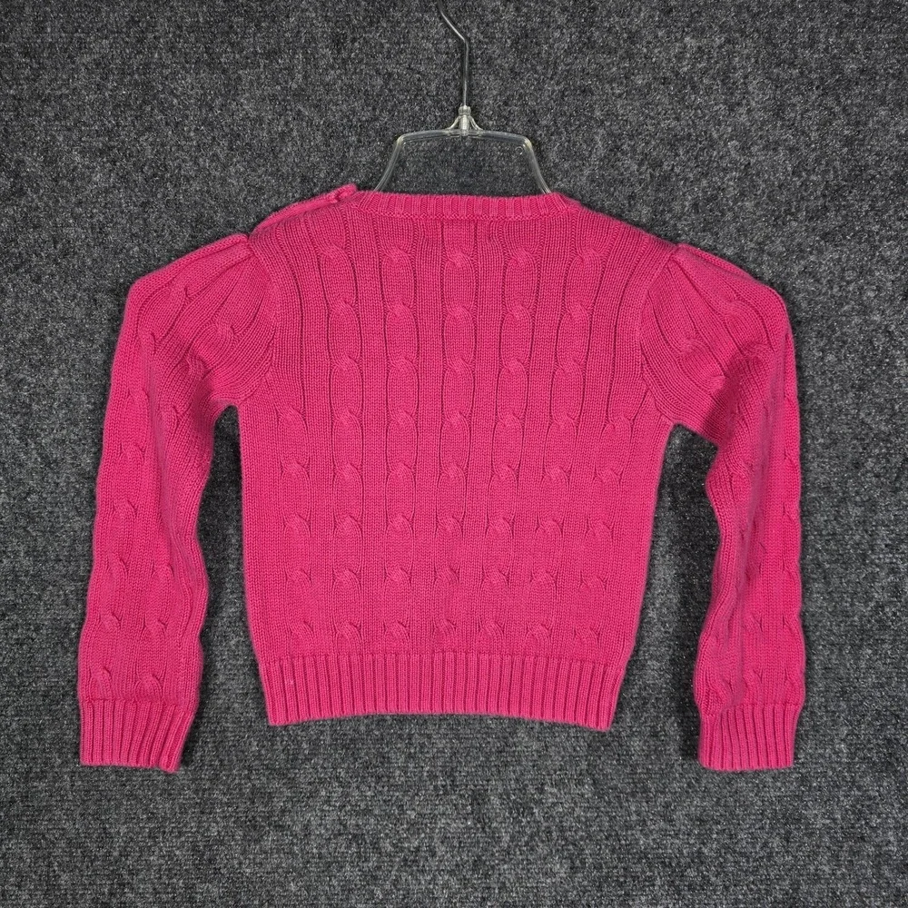 Vintage Ralph Lauren Sweater Girls 4/4T Cable‎ Knit Hot Pink Green Logo Button